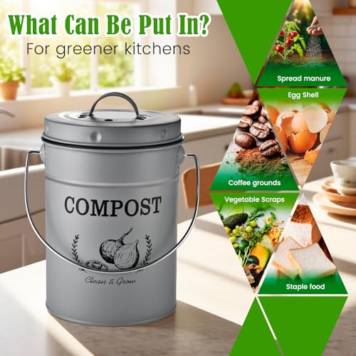 AOSION 1 Gallon Countertop Compost Bin for Kitchen with Lid,Odor Resistant - color: Grey(Non-Slip Mat & Drainage Mat)