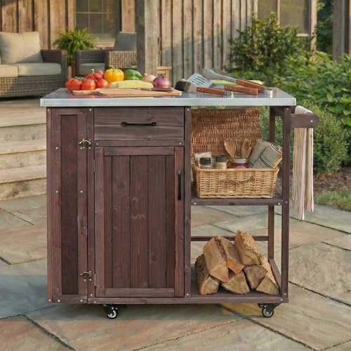 Outdoor Storage Deck Box Cabinet with Stainless Steel Worktop, Fir Wood Patio Prep Station with Lockable Wheels and Towel Rack for Backyard Organization, 40.5 inch, Dark Brown - color: Dark Brown - 40.50 X 18.50 X 35.60 Inch