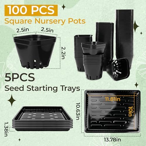 100 Pcs Square Nursery Pots, 5 Pcs Seed Starter Tray, 2.6 inch Nursery Pots with Tray, Plastic Starter Pots for Planting Seeds, Reusable Seed Starting Pots with Drainage Holes (Plastic) - style: Plastic