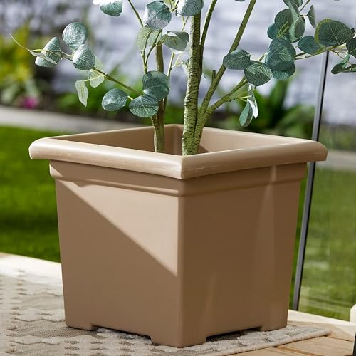 The HC Companies 12.5 Inch Accent Square Planter - Lightweight Decorative Outdoor Plant Pot with Drainage for Front Porch, Deck and Patio, Sandstone - color: Sandstone, size: 12.5"