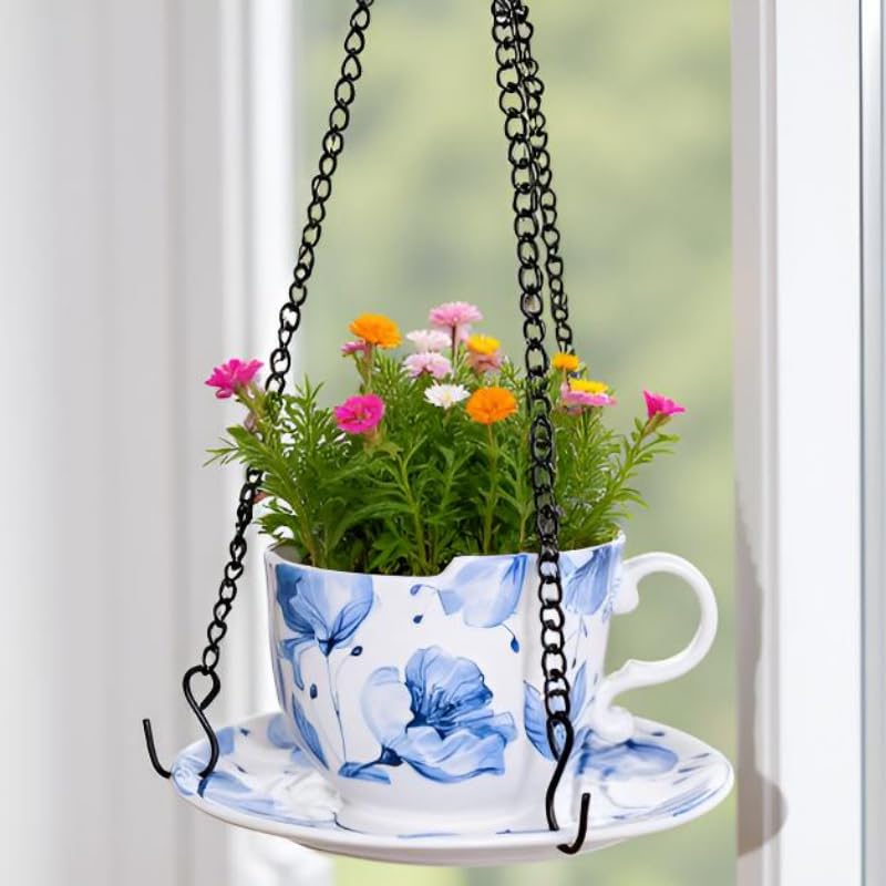 TEATALK Hanging Planters for Indoor Plants, Ceramic Pots with Drainage Hole, 6.3 Inch Hanging Planter with Chain, Outdoor Hanging Baskets for Plants, Blue Flowers, Cup Shape - style: Blue Flower