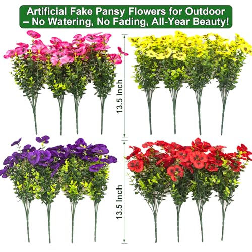 Grunyia 16 Pcs Artificial Pansy Flowers for Outdoors, UV Resistant Faux Silk Pansies Fake Flowers for Outside, Lifelike Spring Flowers for Hanging Basket Planter Window Box Porch Patio Yard Decor - color: Mix2(yellow,purple,red,pink )