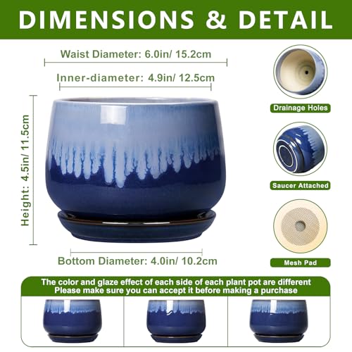 Ceramic Flower Pots, 6 Inch Plant Pot Indoor with Saucer, Deep Blue - size: 6 Inch, style: Deep Blue