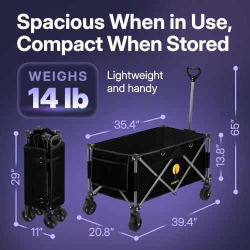 39" L Collapsible Wagon with All-Terrain Wheels, 460 lbs Foldable Cart with Detachable Flashlight, Pockets & Flexible Steering Handle, Black Utility Heavy Duty Folding Beach Wagons Carts - color: Black