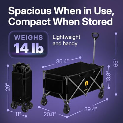 39" L Collapsible Wagon with All-Terrain Wheels, 460 lbs Foldable Cart with Detachable Flashlight, Pockets & Flexible Steering Handle, Black Utility Heavy Duty Folding Beach Wagons Carts - color: Black