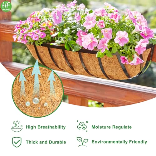 HFHOME 2 Pcs 24" Railing Planter Box with Horse Trough Coco Liners, Black Window Boxes Metal Hanging Flower Planters Baskets for Indoor, Outdoor, Balcony, Porch, Fence, Patio, and Lawn - size: 24 Inch 2-Pack Classic-Pattern