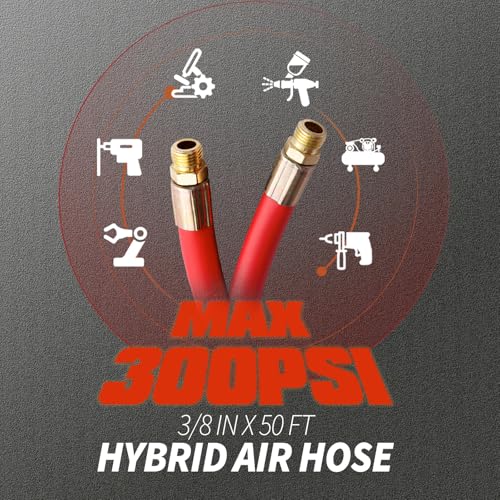 Retractable Air Hose Reel 50 FT | 300 PSI Air Compressor Hose Reel | 3/8 Hybrid Polymer Hose | Heavy-Duty Steel Wall Mount Swivel Bracket|Auto Rewind | All-Weather Retractable Air Hose - Red - size: 50ft