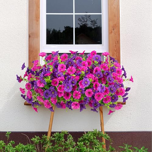 Hrobek Artificial Flowers for Outdoors Faux Petunias Plants UV Resistant - color: Dark Purple Light Purple