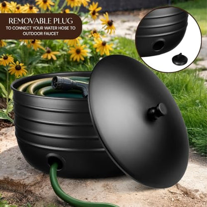Monarch Abode Garden Hose Holder with Lid – Decorative Water Hose Holders for Outside, Border Embossed Metal Matte Black Pot with Drainage, 100ft Waterhose Holder for Outside, Garden Storage Caddy