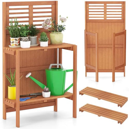 Garden Potting Bench Table, Folding Potting Bench Outdoor Workstation with Trellis & 2-Tier Shelves, Wood Potting Table for Outdoor, Deck, Balcony, Garden, Backyard
