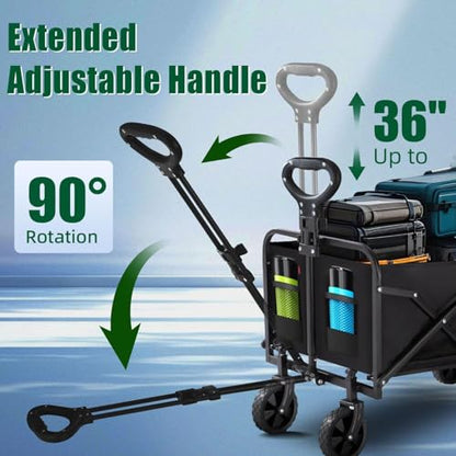 Collapsible Wagon Cart Foldable with Tailgate, 240L 480lbs Capacity, Heavy Duty Beach Wagon with Wheels Brake, Shopping Carts for Grocery, Camping, Garden Cart