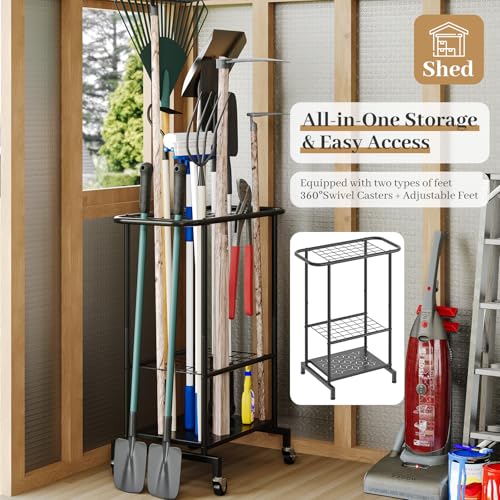 Garden Tool Organizer with Wheels, Heavy Duty Metal Garage Tool Storage Rack, Yard Tool Holder for Long-Handled Tools, Rakes and Brooms, Indoor and Outdoor Use for Shed, Patio - style: Tool Rack with Wheels