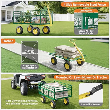 3-in-1 Heavy-Duty Steel Garden Cart, 1400 Lbs Garden Wagon, with 13 Inch All-Terrain Tires and Removable Mesh Side Panels, 180° Rotating Handle, Metal Multi-Function Carts, Outdoor Gardens Wagon Cart - color: Green + Yellow, size: 1400 Lb
