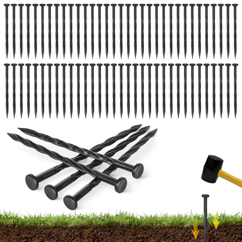 100 PCS Landscape Edging Stakes, Plastic 8-Inch Garden Anchoring Spikes, Spiral Nylon Spikes for Garden Lawn Yard Paver Edging, Weed Barriers, Artificial Turf, Tent Accessories, Grass Pathway - color: Black, size: 8InchX100PCS