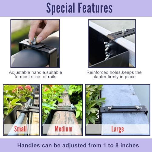LaLaGreen Railing Planter Box (16 Inch, 2 Pack) Black Metal Rectangular Hanging Flower Boxes with Brackets, Planters for Outdoor Deck Railings Fence Over Rail Balcony Patio Porch Modern Garden Decor - size: 16" x 2 Pack