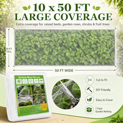 10 ft x 50 ft Garden Mesh Netting,Ultra Fine Plant netting for garden protection, garden netting for raised beds Vegetables,Bird Insect Nettings for Gardening, Blueberry Bush Strawberry Nettings Cover - size: 10 ft x 50 ft