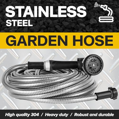Metal Garden Hose 50ft Heavy Duty Stainless Steel Water Hose with Sprayer & Metal Fittings Flexible Lightweight Hose Puncture Proof Hose for Yard, Outdoors, Rv - size: 50 FT