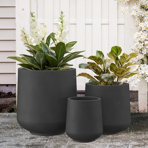 Kante Set of 3 Black Concrete Curved Planters 16.5" 13" 9.4" Dia - color: Burnished Black, size: Set of 3: 15.3" + 11.6" + 8.2" D