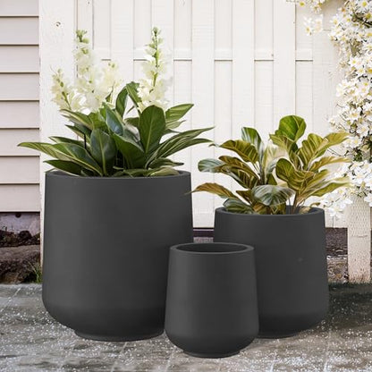 Kante Set of 3 Black Concrete Curved Planters 16.5" 13" 9.4" Dia - color: Burnished Black, size: Set of 3: 15.3" + 11.6" + 8.2" D