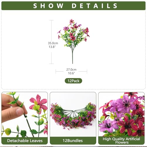 Artificial Flowers for Outdoors Spring Summer Decoration, 12 Bundles Fake Plants UV Resistant Realistic Faux Flower Silk Daisy with Eucalyptus Stem for Patio Planter Porch Yard Window Box Balcony - color: Red Pruple, size: 12 PCS