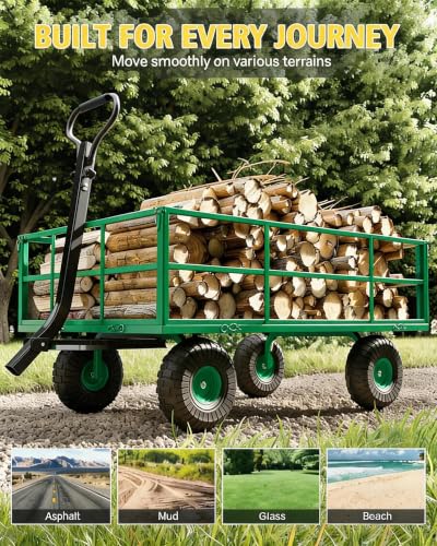 Steel Garden Cart - 1200 lbs Heavy Duty Outdoor Utility Wagon, 13" Wheels, Removable Mesh Sides, 2-in-1 Pull or Push Handle, for Yard, Lawn, Gardening - Green (Pantone 355C, HEX: #4CAF50) | - color: Green, size: 1200 LBS
