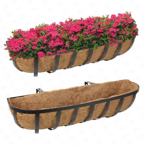 Window Boxes Planters Railing Planter Box with Adjustable Brackets for Porch Fence Patio Balcony Hanging Flower Baskets with Coco Liners for Outdoor Garden Décor (24 Inch / 2 Packs) - size: 24 Inch / 2 Packs