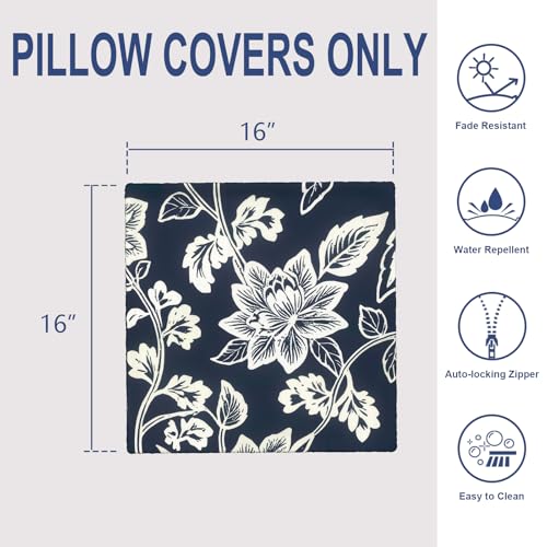 Outdoor 16x16 Inch Throw Pillow Covers Set of 2, Covers ONLY, All Weather Square Pillow Cases, Patio Cushion Pillow of Home Furniture Use, Elegant Vines Navy - color: Elegant Vines Navy, size: 16" x 16" (Pack of 2)