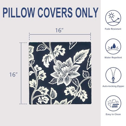 Outdoor 16x16 Inch Throw Pillow Covers Set of 2, Covers ONLY, All Weather Square Pillow Cases, Patio Cushion Pillow of Home Furniture Use, Elegant Vines Navy - color: Elegant Vines Navy, size: 16" x 16" (Pack of 2)