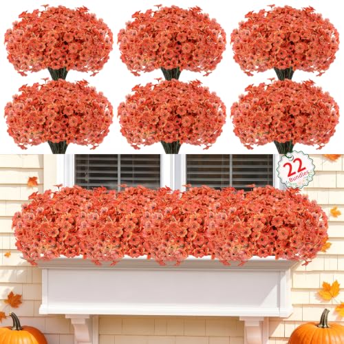 Powbrace 22 Pack Artificial Fall Flowers Mums for Outdoor Indoor(Orange) - color: Orange, size: 22 Bundles