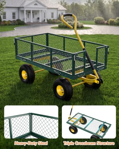 Firstness 900 Lbs Heavy Duty Metal Garden Wagon Cart, Green - color: Green, size: 900 Lbs