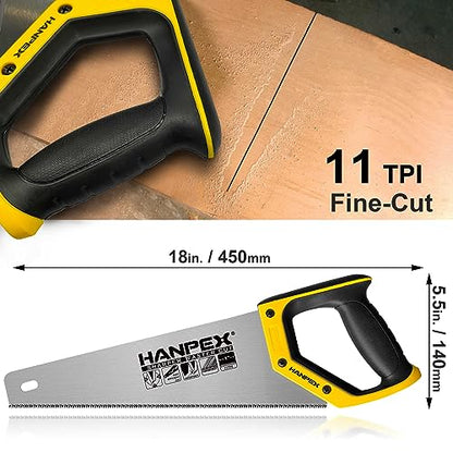 Hanpex 14" Pro Hand Saw, 11 TPI Fine-Cut Handsaw - Sharp Manual Saw Idea for Cutting Wood, Sawing, Gardening, Trimming, Plastic Pipe, Drywall
