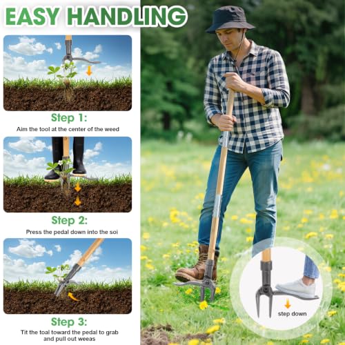 Stand Up Weed Puller, Adjustable Bamboo 4-Claw Steel Garden Weeder