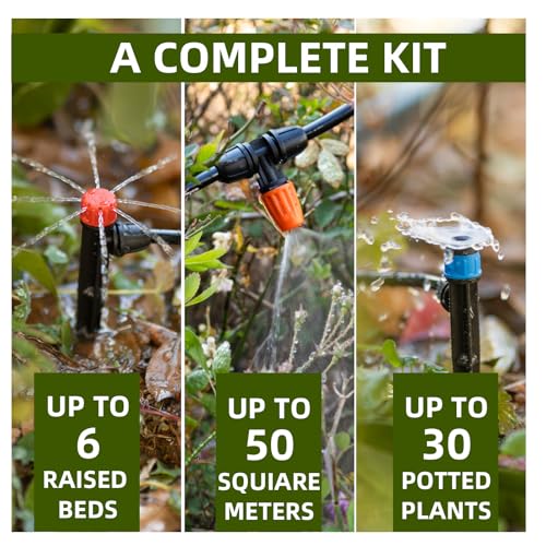 233FT Drip Irrigation System with Timer for Garden Kit Automatic Irrigation Equipment Lock Fittings Micro Drip 360 Degree Fan Sprayer Watering Kit for Greenhouse 1/2 inch 1/4 inch Tubing