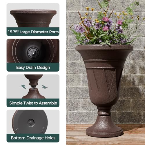 Tall Plastic Urn Planters and Pedestal - 24" Outdoor Planter Brown - color: Brown-trophy
