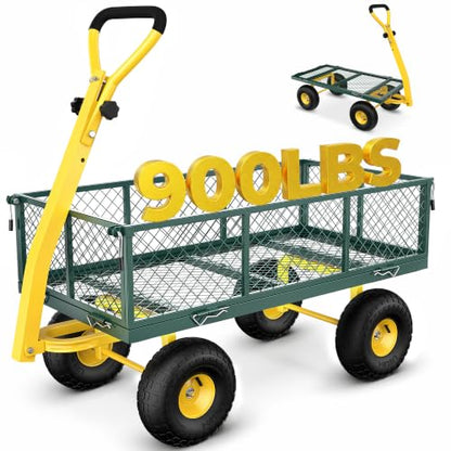 Firstness 900lbs Metal Garden Wagon Cart Large Garden Cart on Wheels, Green - color: Green, size: Updated 900 Lbs