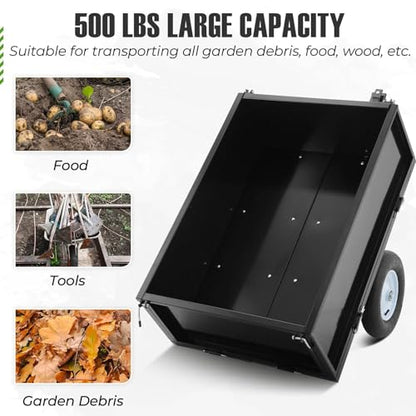 Heavy Duty Steel Dump Cart Trailer, 500 lb / 11.4 Cu Ft Garden ATV Trailer