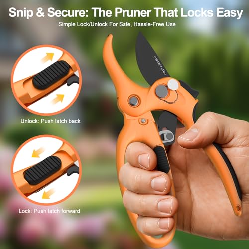 8" Handheld Pruning Shears - Heavy-Duty Stainless Steel Garden Scissors - color: Black/Orange