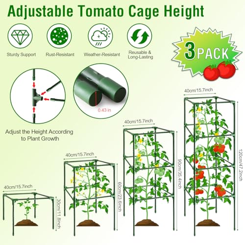 Fabulas Tomato Cage, Square Tomato Trellis Plant Support Stake Cages for Garden and Pots Tall Up to 63 Inch Adjustable Cucumber Trellis for Raised Bed Outdoor Climbing Plants Vegetables Flower, 3 Pack