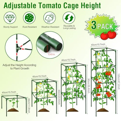 Fabulas Tomato Cage, Square Tomato Trellis Plant Support Stake Cages for Garden and Pots Tall Up to 63 Inch Adjustable Cucumber Trellis for Raised Bed Outdoor Climbing Plants Vegetables Flower, 3 Pack