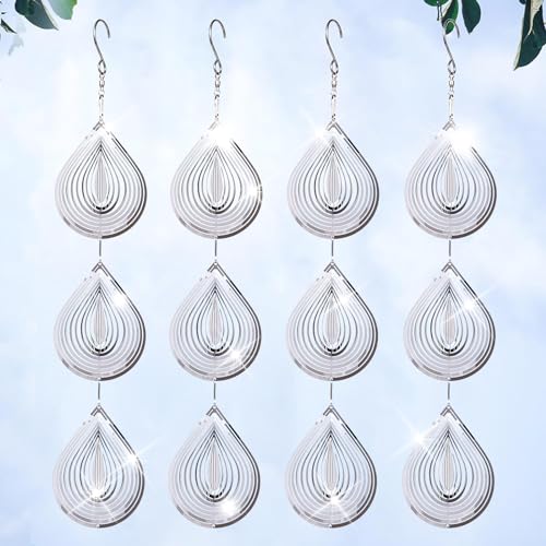 Droplet Bird Scare Discs Set, Metal Bird Reflectors Shiny Wind Spinners for Outdoor Garden Decor, Reflective Bird Devices Deterrents to Keep Scare Birds Away from Outside Patio Porch Yard Fruit Trees - color: Silver Droplet(4 Set, 12 Discs)
