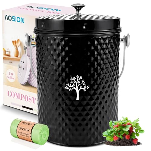 AOSION Countertop Compost Bin, Odor-Free Food Waste Container with 50 Bags - color: Black
