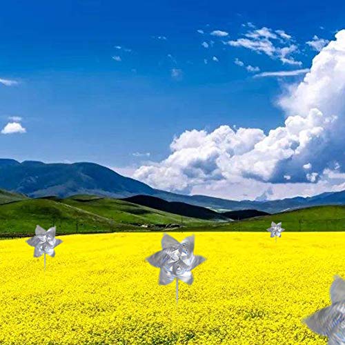 10 Pack Reflective Pinwheels for Garden Yard - Sparkly Silver Bird Deterrent Devices for Outside - Humane Woodpecker, Pigeon & Goose Repellent Wind Spinners - Decorative Mylar Pin Wheels with Stakes