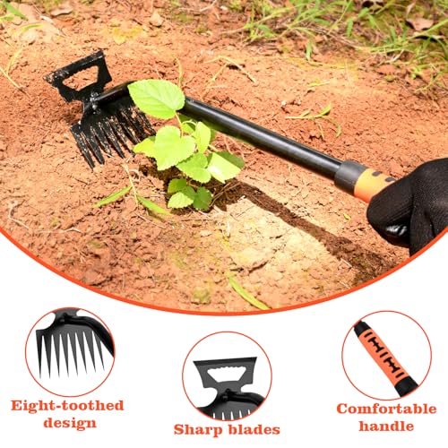 BokingOne Portable Weed Removal Tool - 8-Prong Manganese Steel with Black Baked Rust-Proof Coating for Garden Lawn Farm, Non-Slip Rubber Handle - color: Black Baked Rust silvery