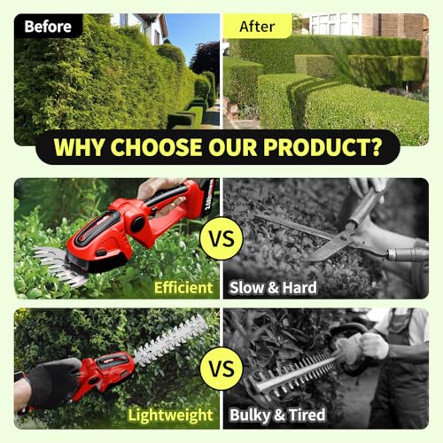 FULLYEA Cordless Hedge Trimmer, 2-in-1 Grass Shear with 2 * 2.0Ah Batteries