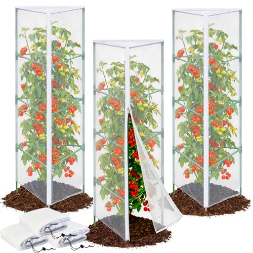 3PCS Garden Bird Netting for Triangle Tomato Cage with Zipper & Drawstring - size: 17.7x17.7x55in