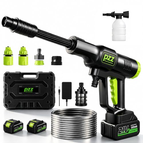 PZZ Portable Pressure Washer, 1100 PSI Cordless Power Washer with All-Copper Motor, Dual 21V Batteries, 17FT Hose & Storage Box, Battery Powered Cleaner for Car Detailing, Home, Garden, Patio