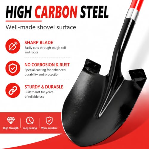 VNIMTI Heavy Duty Gardening Shovel, 56 Inch Round Blade with Fiberglass Handle (Red) - color: Red