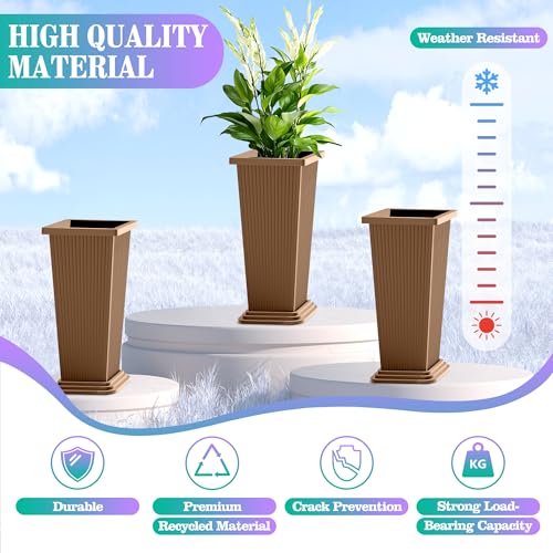 TUYOHW 24 Inch Tall Tapered Square Planters (Set of 2) - Indoor Outdoor Large Flower Pots with Built-in Drainage & Matching Water Tray for Patio, Garden, Home - Brown - color: Brown-ribbed