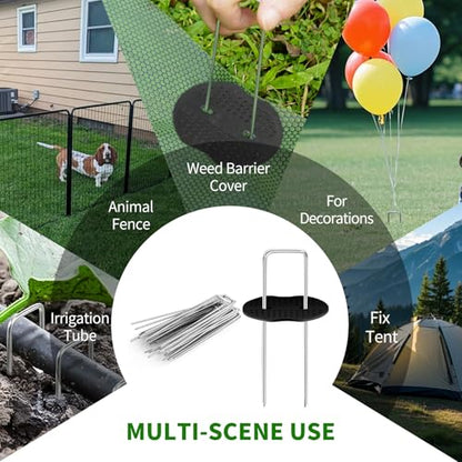 11 Gauge Garden Stakes, 100pcs Landscape Staples and 100pcs Gaskets, 6in U Shaped Galvanized Steel Garden Staples with Pad for Landscape Fabric Supplies for Weed Barrier Fabric,Tent Stakes