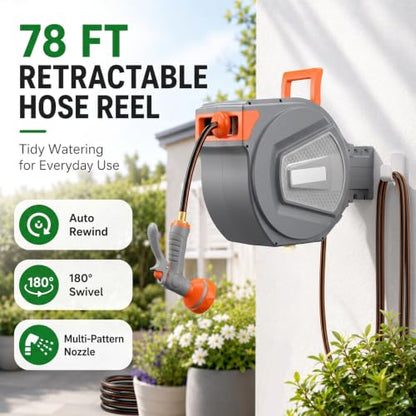Retractable Garden Hose Reel, 78FT Wall Mounted Auto Rewind Water Hose Reel with 180° Swivel Bracket, Any Length Lock, Kink-Free Hose Guide, Multi-Pattern Spray Nozzle for Yard, Lawn & Outdoor - size: 78 FT